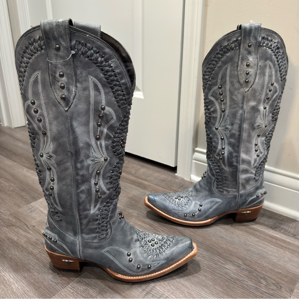 Lane Cosette Braided Stud Western Cowboy Leather Boots in Washed Denim - Picture 3 of 14